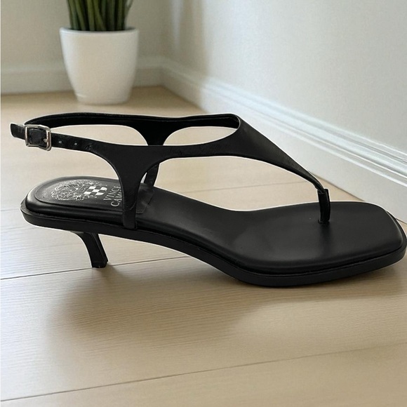 VINCE CAMUTO Square Toe Black Thong Sandals Kitten Slingback Heels 8.5 - Picture 1 of 10